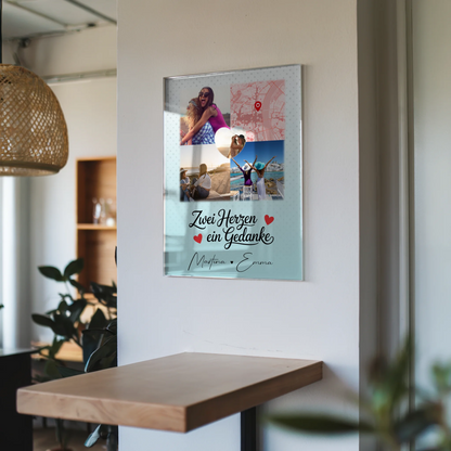 Personalisiertes Freundinnen Bild auf Acrylglas mit 3 Fotos und Herzmotiv Zwei Herzen ein Gedanke