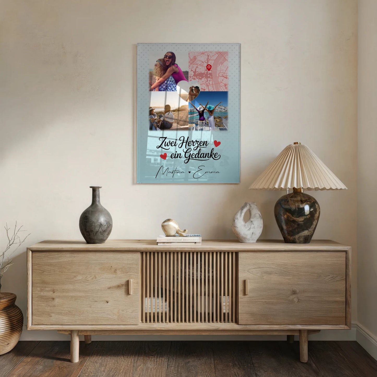 Personalisiertes Freundinnen Bild auf Acrylglas mit 3 Fotos und Herzmotiv Zwei Herzen ein Gedanke