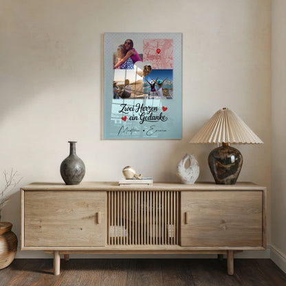 Personalisiertes Freundinnen Bild auf Acrylglas mit 3 Fotos und Herzmotiv Zwei Herzen ein Gedanke