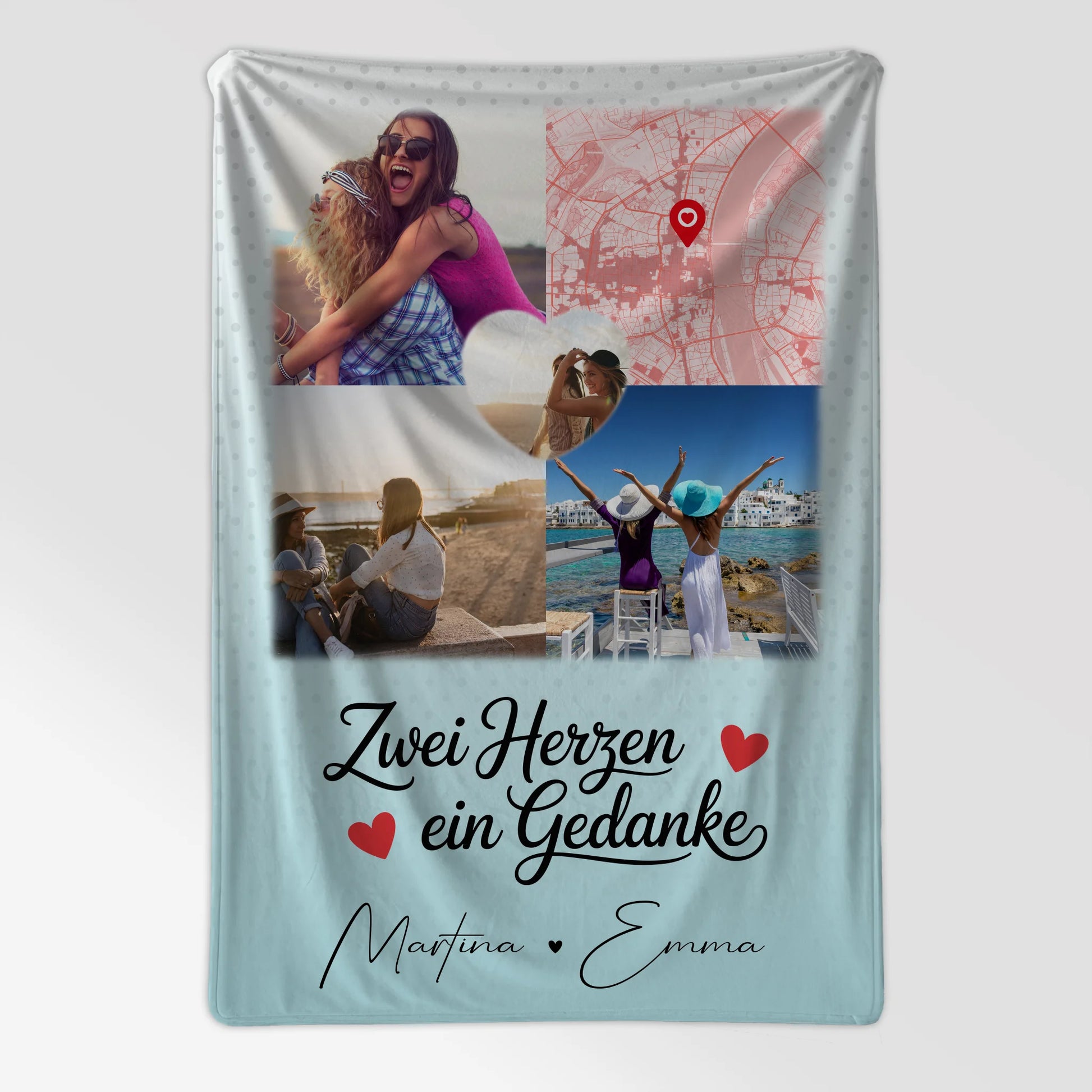 Personalisierte Kuscheldecke Mit Namen 3 Fotos und 1 Herz Foto Karte Zwei Herzen ein Gedanke 7