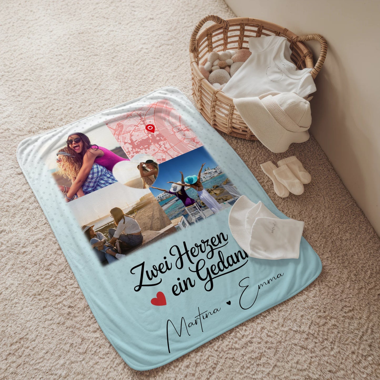 Personalisierte Kuscheldecke Mit Namen 3 Fotos und 1 Herz Foto Karte Zwei Herzen ein Gedanke 2