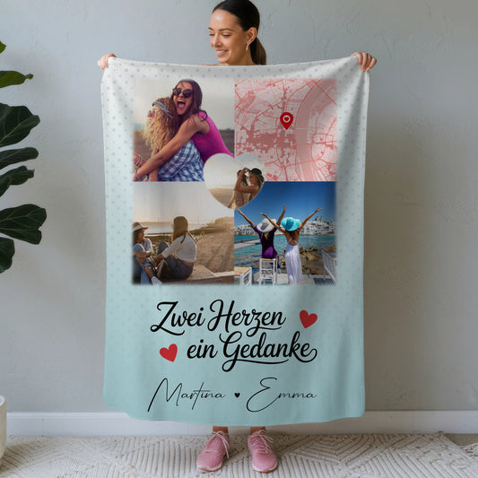 Personalisierte Kuscheldecke Mit Namen 3 Fotos und 1 Herz Foto Karte Zwei Herzen ein Gedanke 1