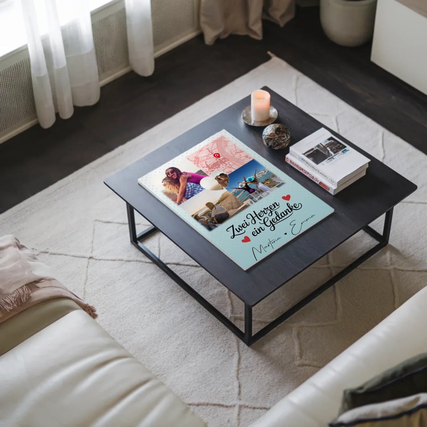 Beste Freundin Fotoboard mit 3 Fotos und 1 Herz Foto Karte Zwei Herzen ein Gedanke personalisiertes Geschenk 3