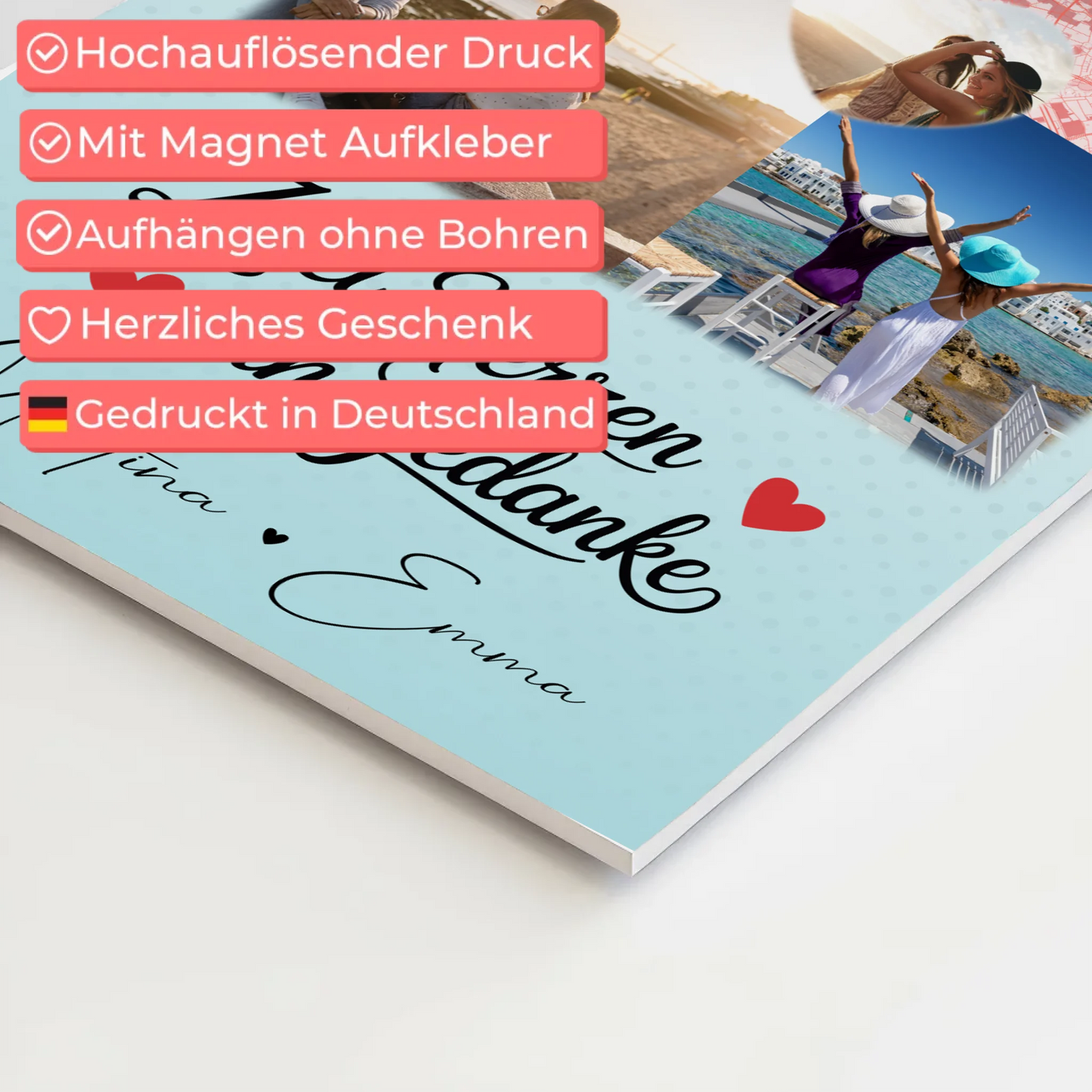 Beste Freundin Fotoboard mit 3 Fotos und 1 Herz Foto Karte Zwei Herzen ein Gedanke personalisiertes Geschenk 4