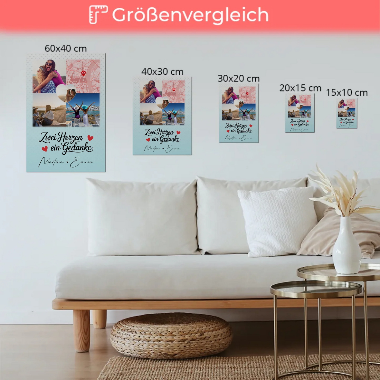 Beste Freundin Fotoboard mit 3 Fotos und 1 Herz Foto Karte Zwei Herzen ein Gedanke personalisiertes Geschenk