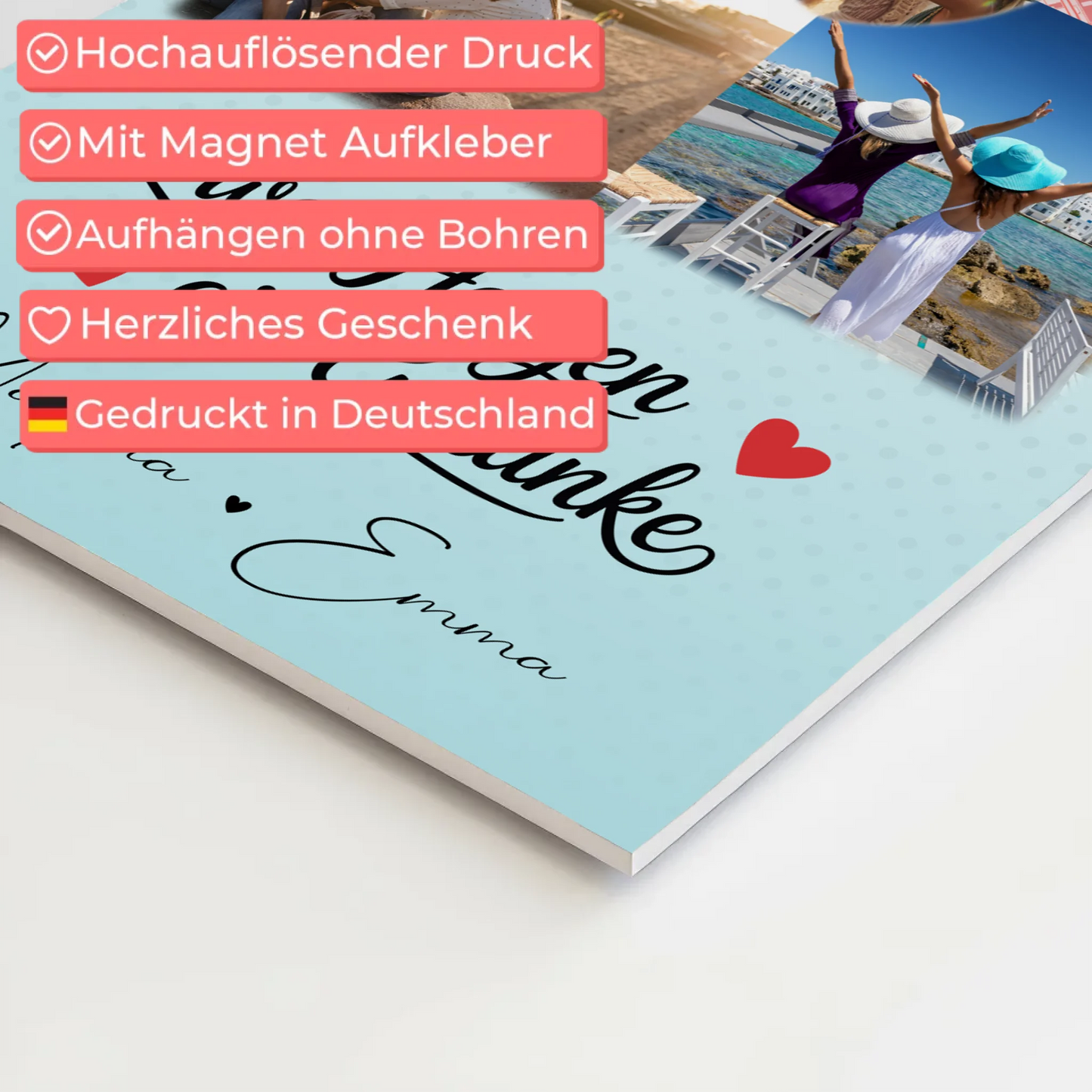 Beste Freundin Fotoboard mit 3 Fotos und 1 Herz Foto Karte Zwei Herzen ein Gedanke personalisiertes Geschenk