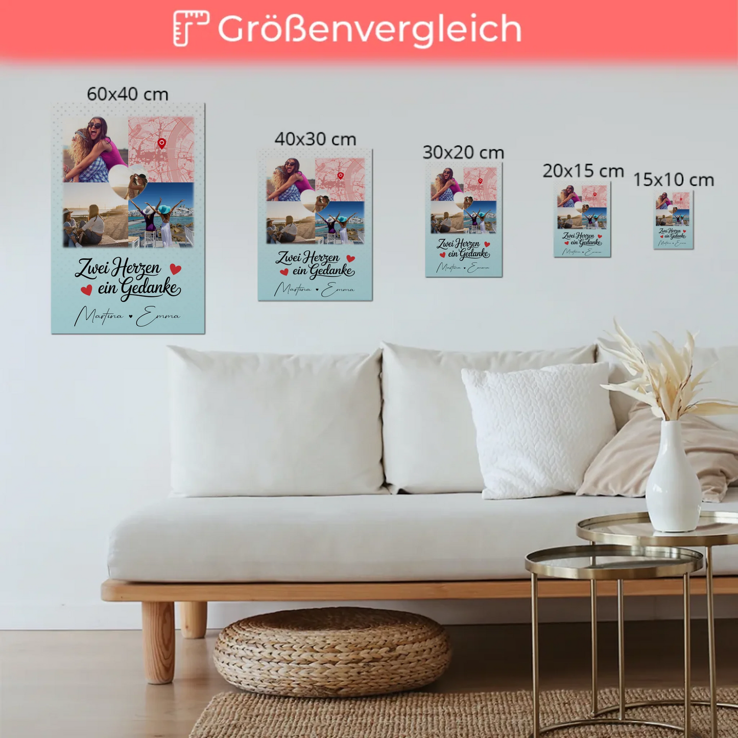 Beste Freundin Fotoboard mit 3 Fotos und 1 Herz Foto Karte Zwei Herzen ein Gedanke personalisiertes Geschenk