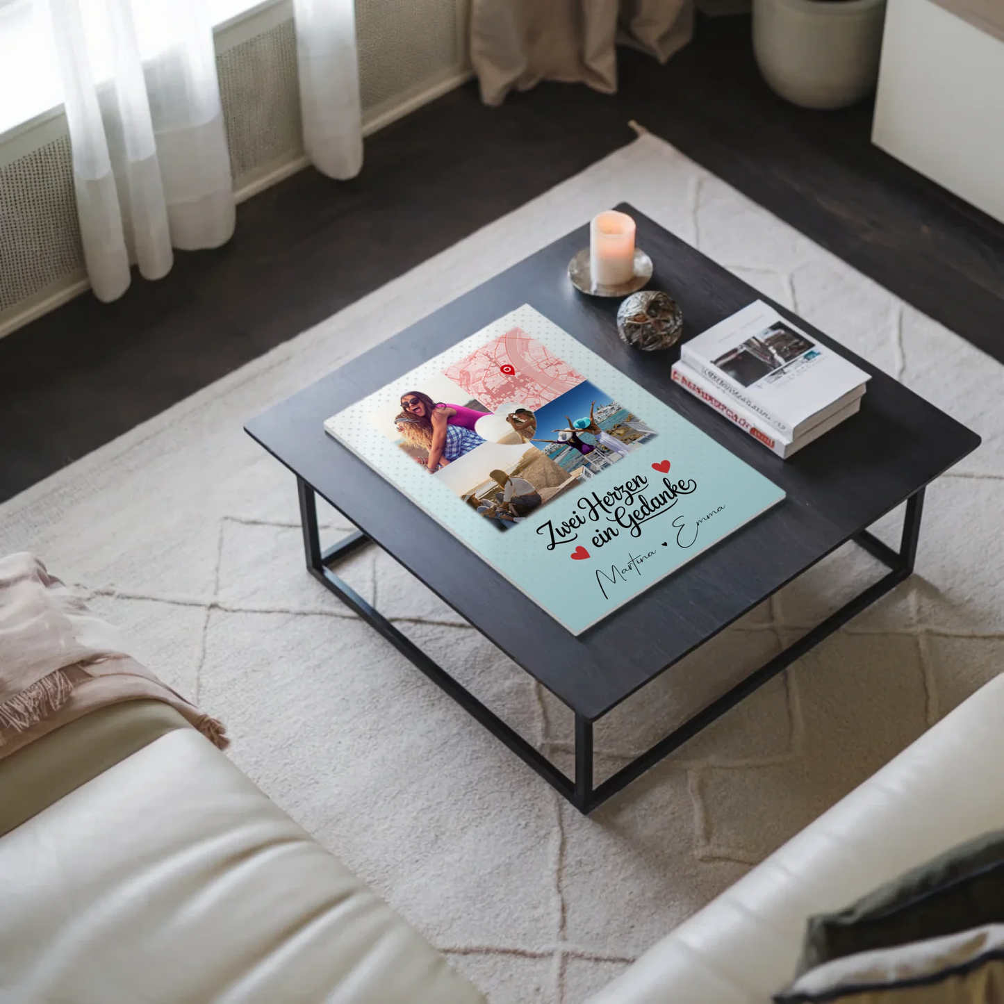 Beste Freundin Fotoboard mit 3 Fotos und 1 Herz Foto Karte Zwei Herzen ein Gedanke personalisiertes Geschenk