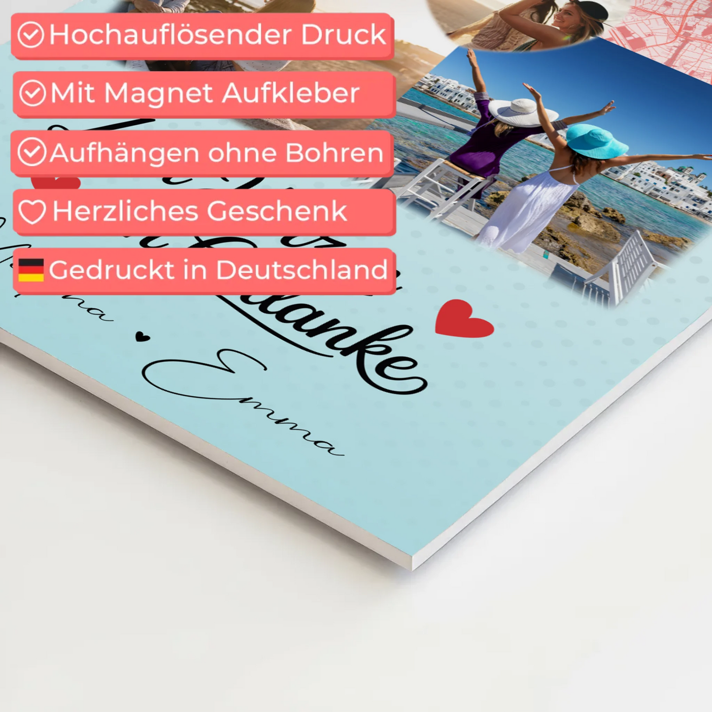 Beste Freundin Fotoboard mit 3 Fotos und 1 Herz Foto Karte Zwei Herzen ein Gedanke personalisiertes Geschenk