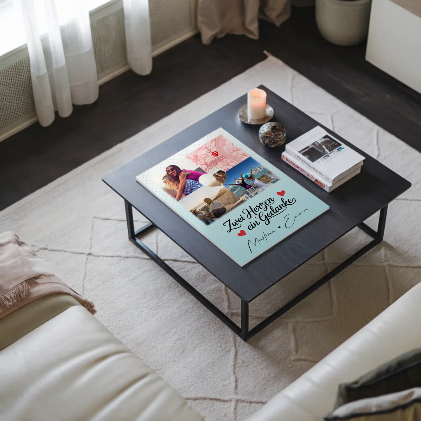 Beste Freundin Fotoboard mit 3 Fotos und 1 Herz Foto Karte Zwei Herzen ein Gedanke personalisiertes Geschenk