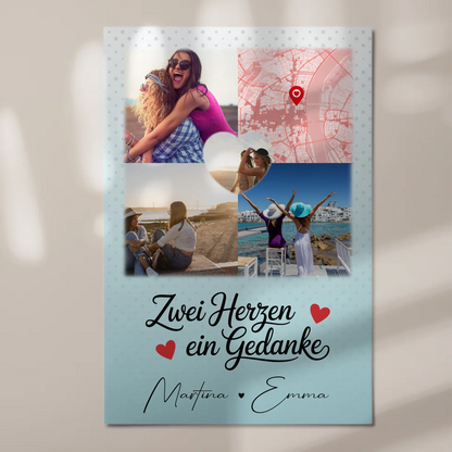 Beste Freundin Fotoboard mit 3 Fotos und 1 Herz Foto Karte Zwei Herzen ein Gedanke personalisiertes Geschenk