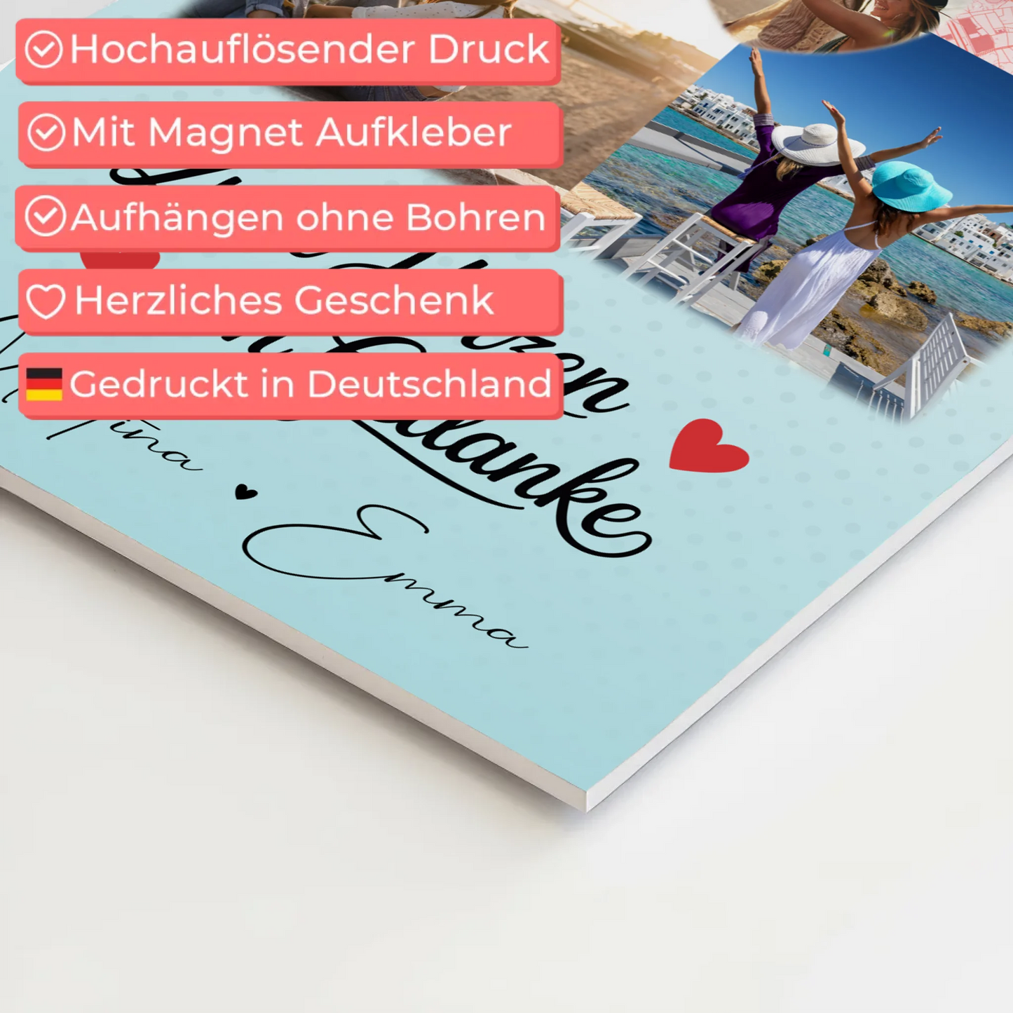 Beste Freundin Fotoboard mit 3 Fotos und 1 Herz Foto Karte Zwei Herzen ein Gedanke personalisiertes Geschenk