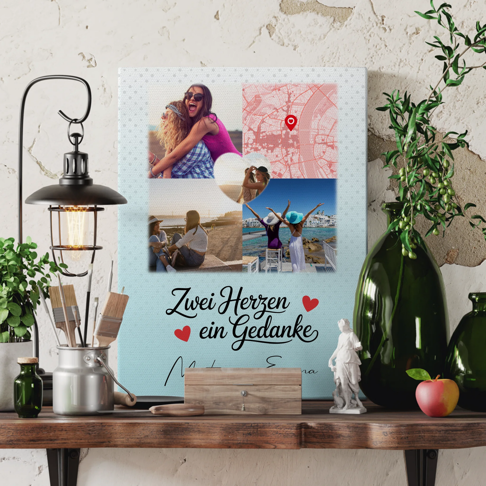 Personalisierte Leinwand für beste Freundin mit 3 Fotos und Herzmotiv Zwei Herzen ein Gedanke 3