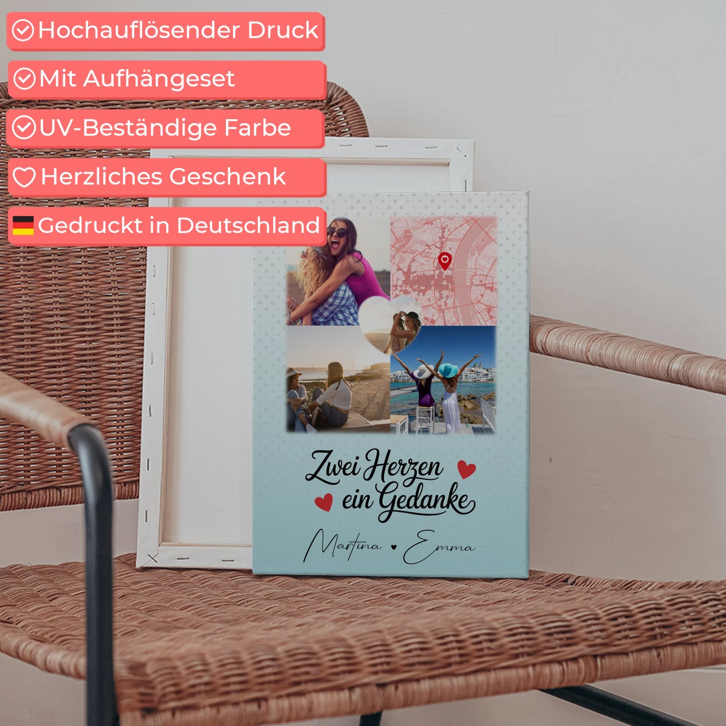 Personalisierte Leinwand für beste Freundin mit 3 Fotos und Herzmotiv Zwei Herzen ein Gedanke 5