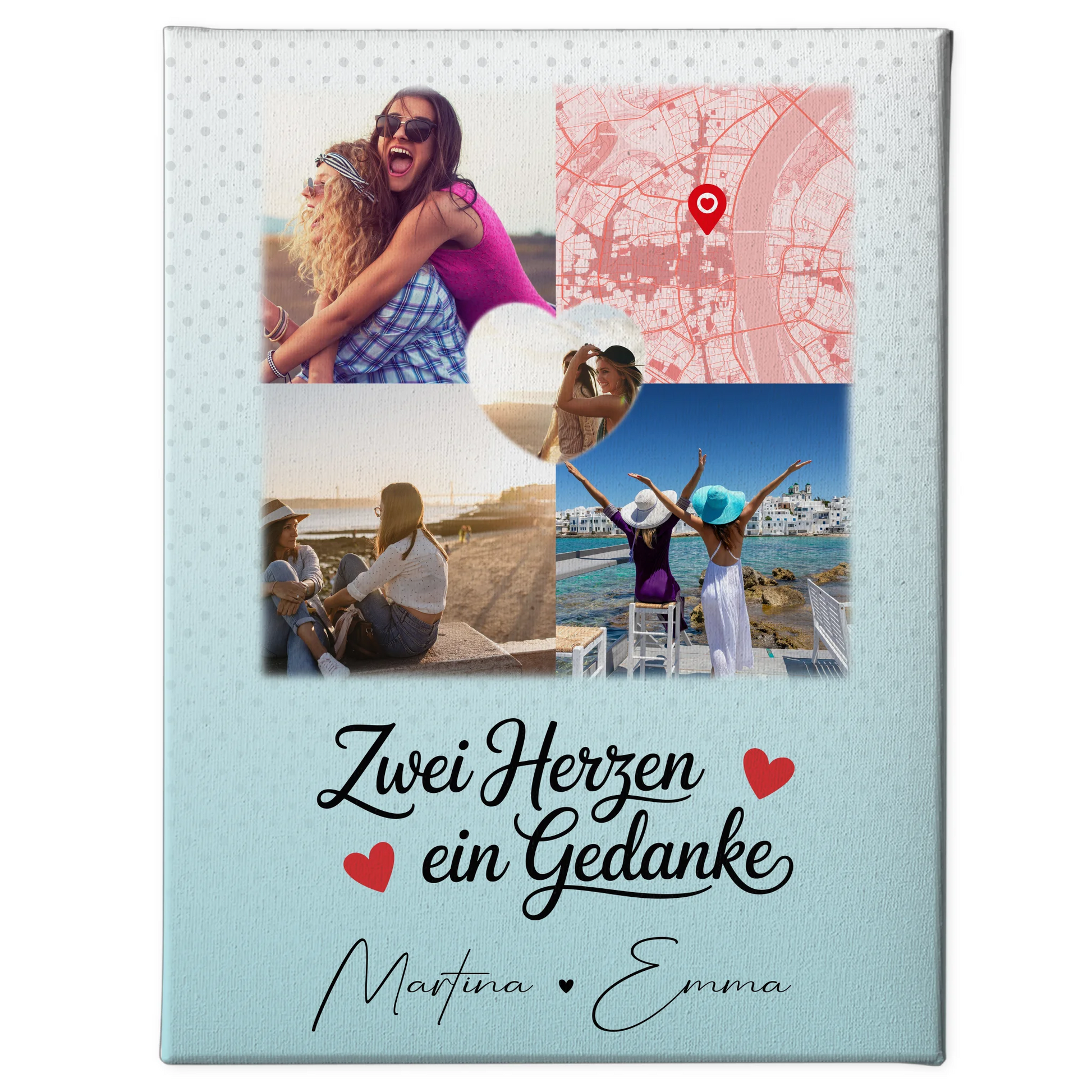 Personalisierte Leinwand für beste Freundin mit 3 Fotos und Herzmotiv Zwei Herzen ein Gedanke 1