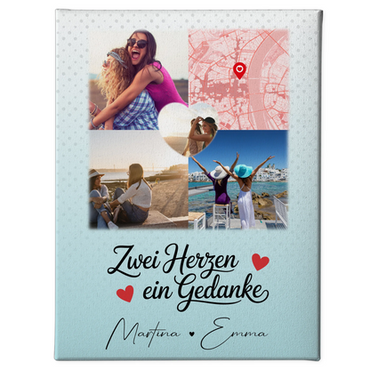 Personalisierte Leinwand für beste Freundin mit 3 Fotos und Herzmotiv Zwei Herzen ein Gedanke 1