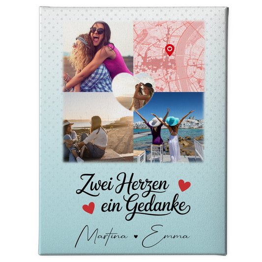 Personalisierte Leinwand für beste Freundin mit 3 Fotos und Herzmotiv Zwei Herzen ein Gedanke 1