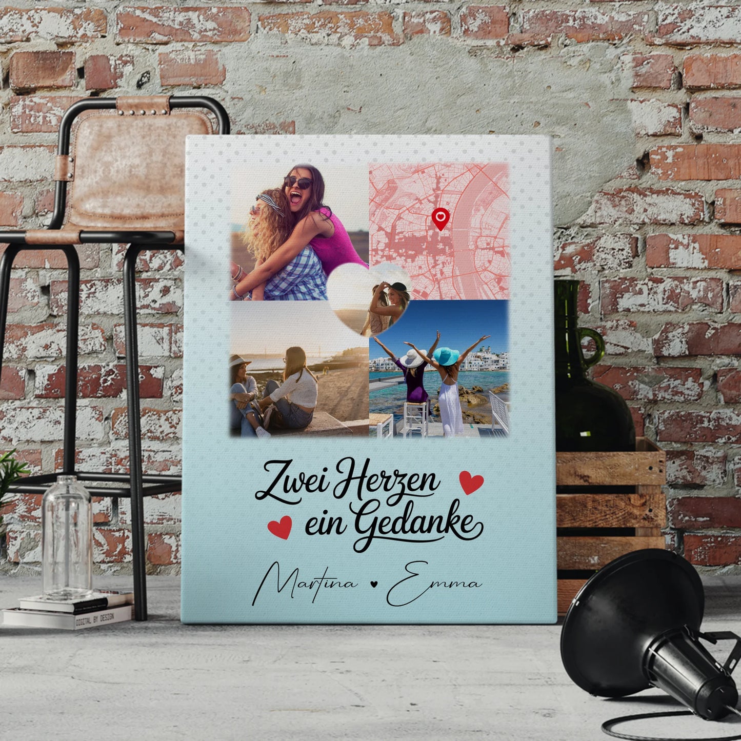 Personalisierte Leinwand für beste Freundin mit 3 Fotos und Herzmotiv Zwei Herzen ein Gedanke 4