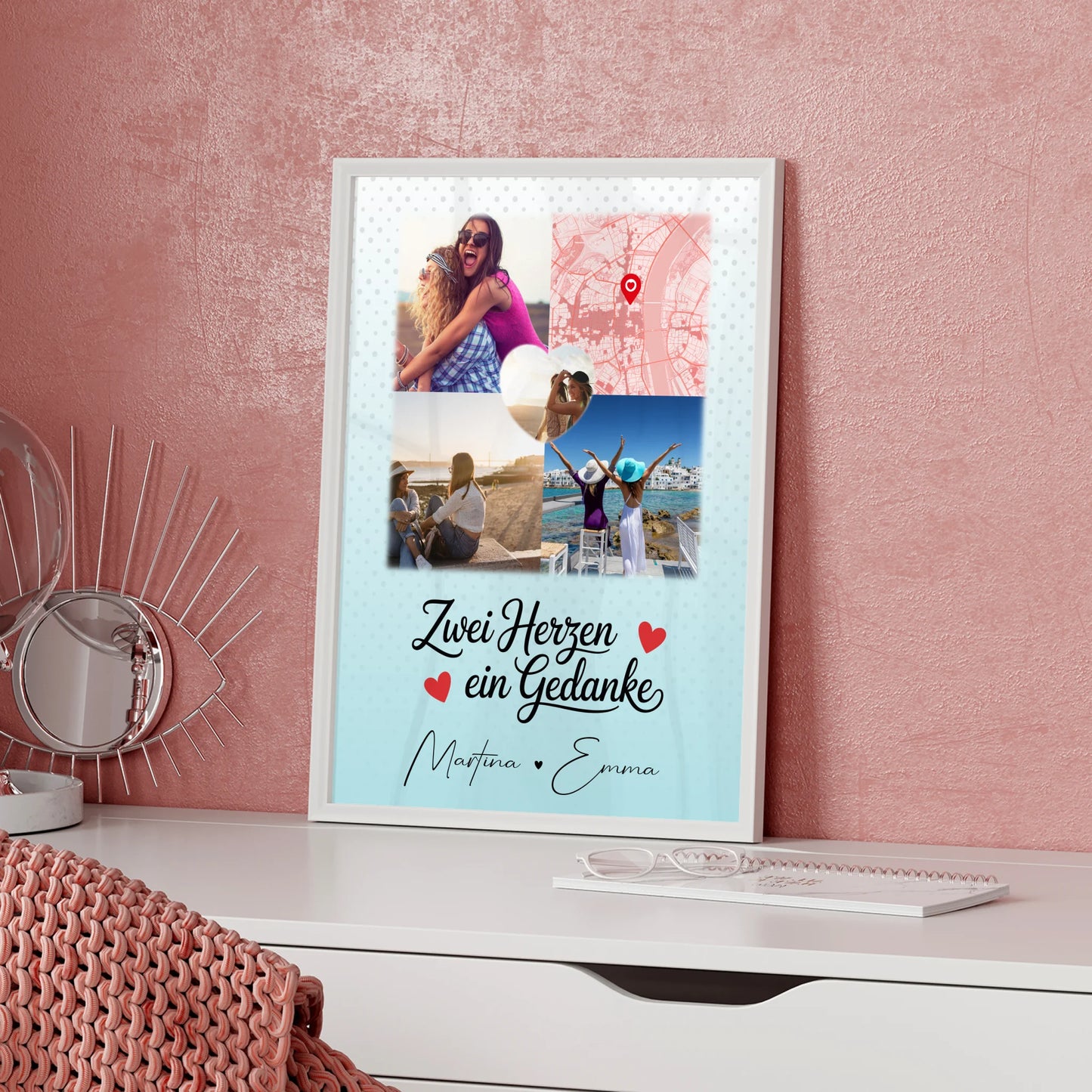 Freundinnen Bild Personalisiert mit 3 Fotos und 1 Herz Foto Karte Zwei Herzen ein Gedanke