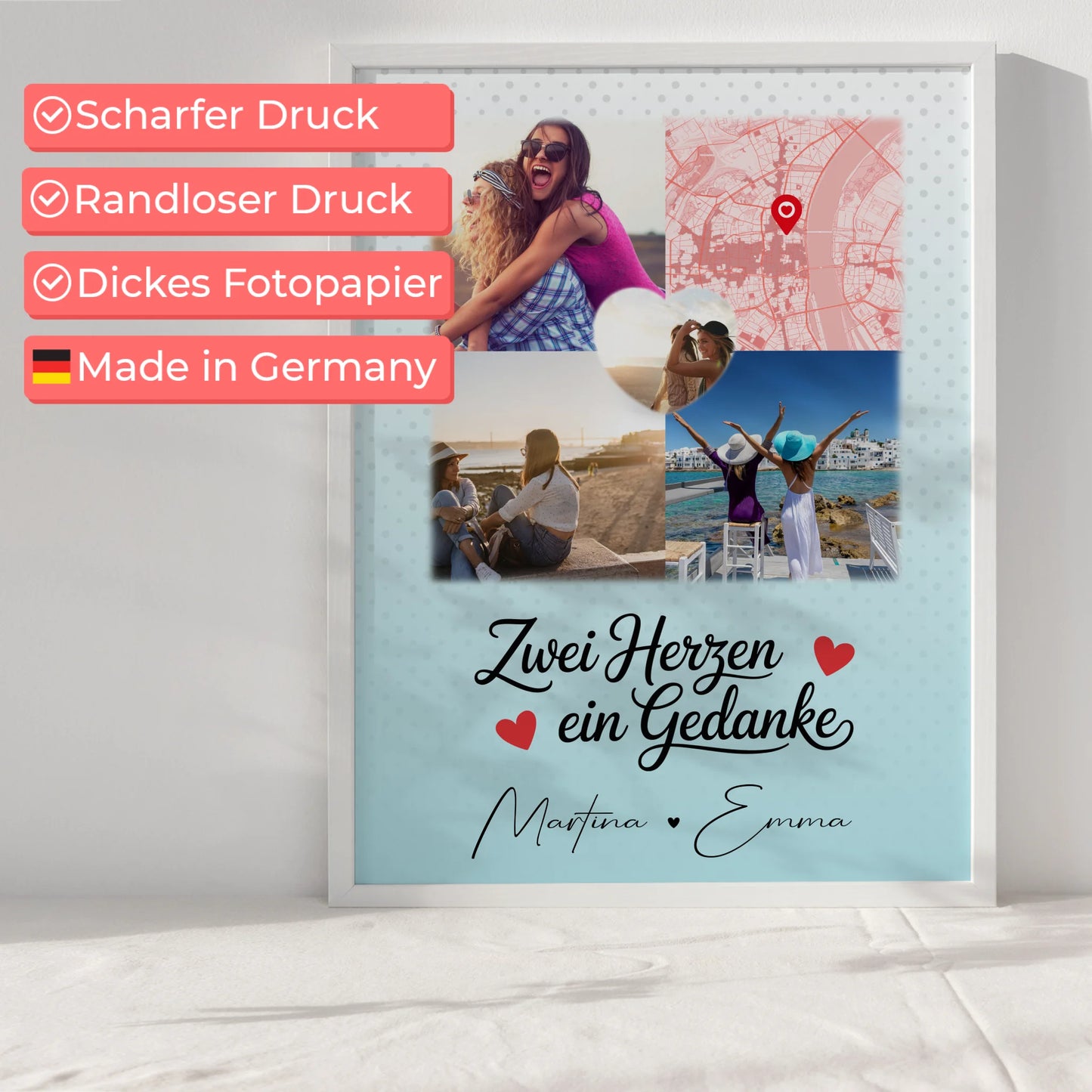 Freundinnen Bild Personalisiert mit 3 Fotos und 1 Herz Foto Karte Zwei Herzen ein Gedanke