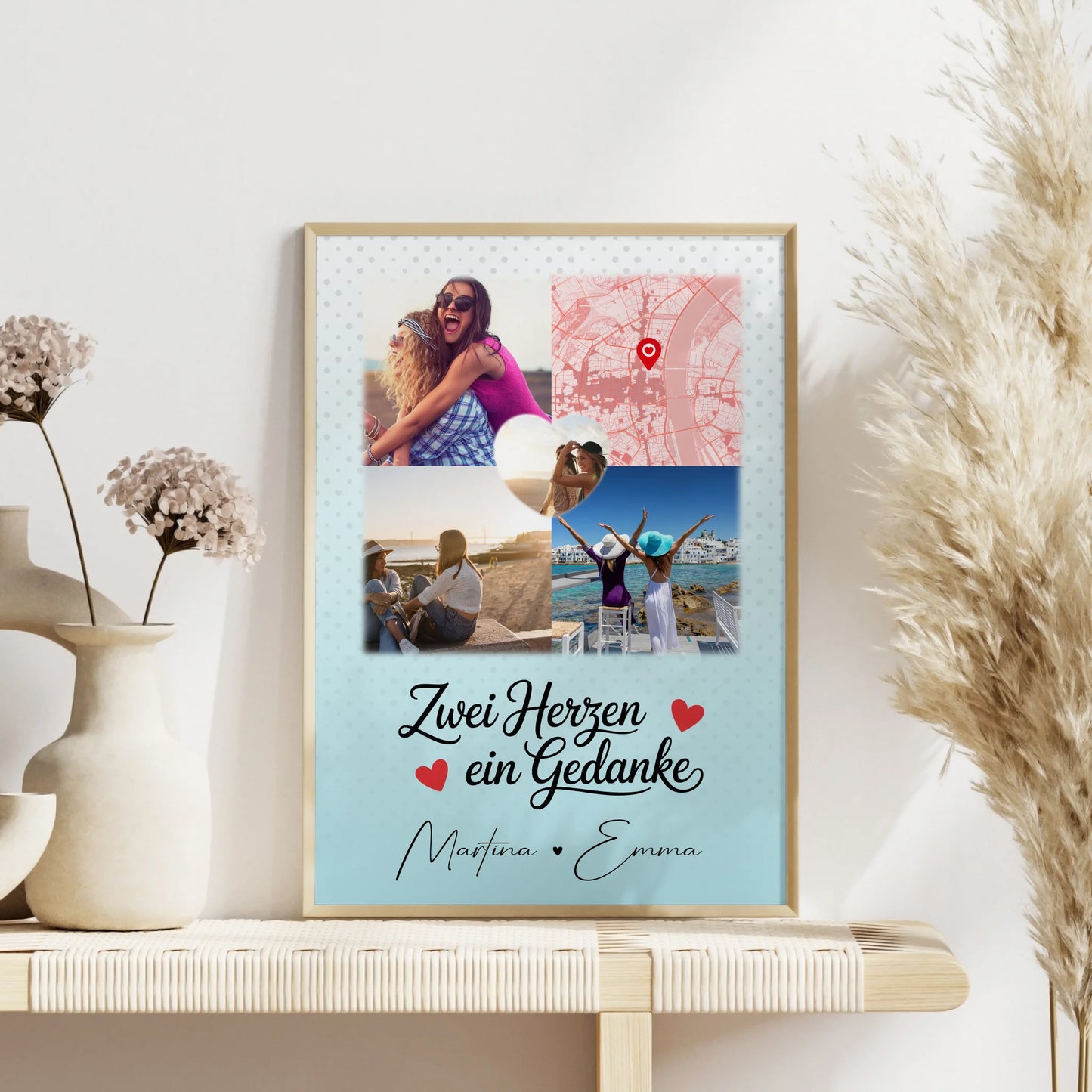 Freundinnen Bild Personalisiert mit 3 Fotos und 1 Herz Foto Karte Zwei Herzen ein Gedanke