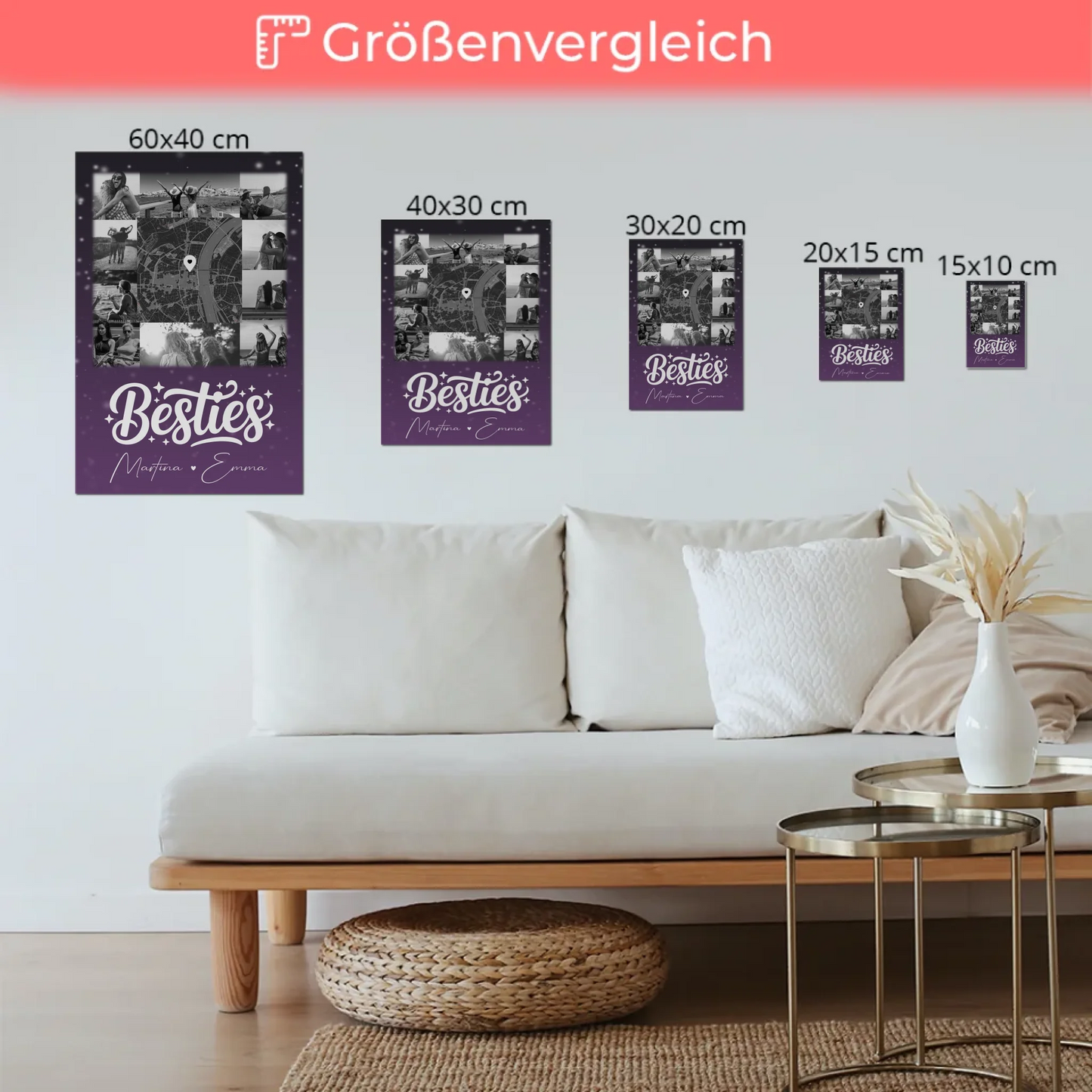 Personalisiertes Fotoboard Beste Freundin mit 10 Fotos und Karte in der Mitte