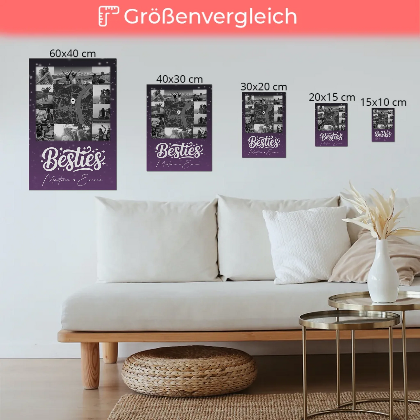 Personalisiertes Fotoboard Beste Freundin mit 10 Fotos und Karte in der Mitte