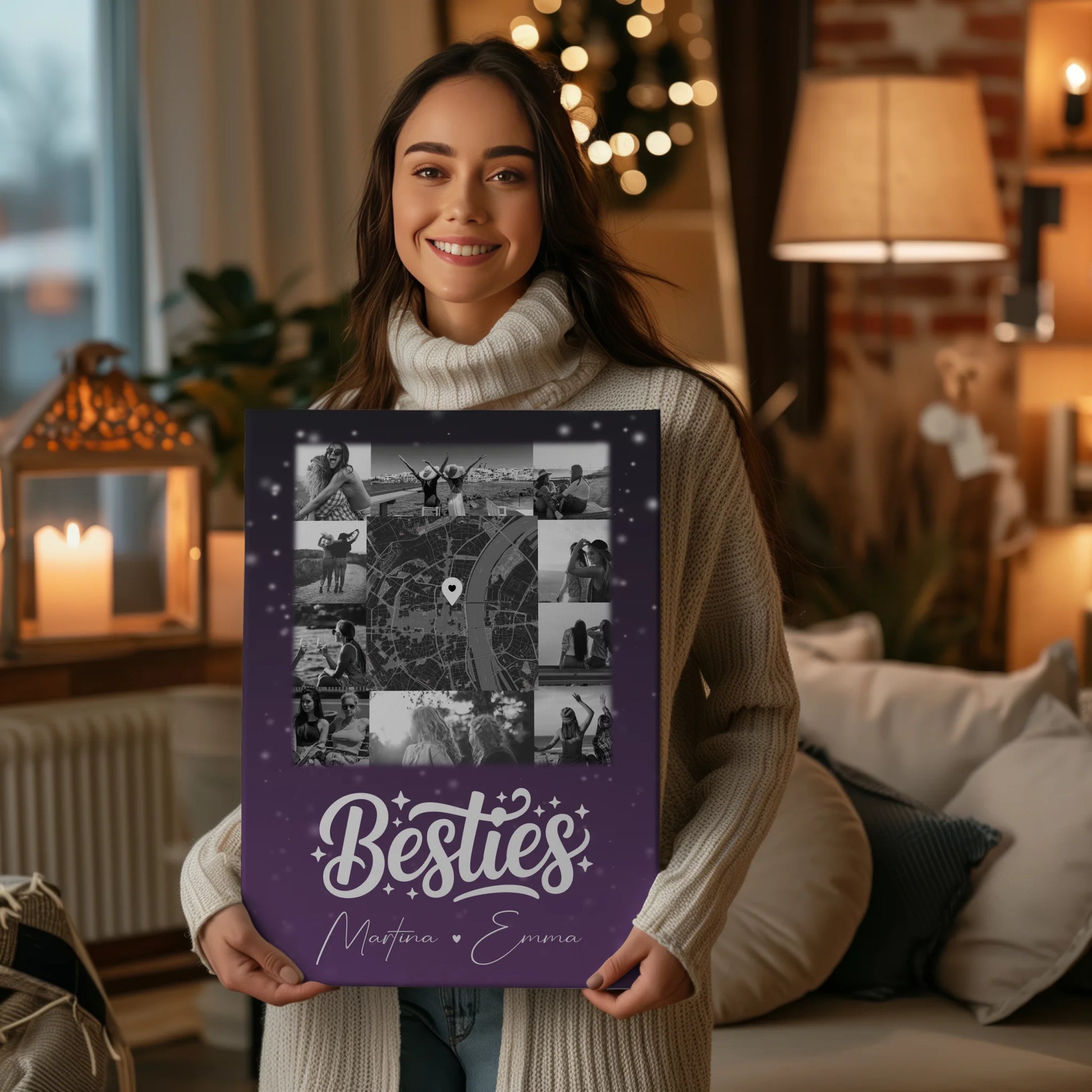 Personalisierte Leinwand beste Freundin mit 10 Fotos und Karte in der Mitte Du komisch Ich komisch Geht Schief 2