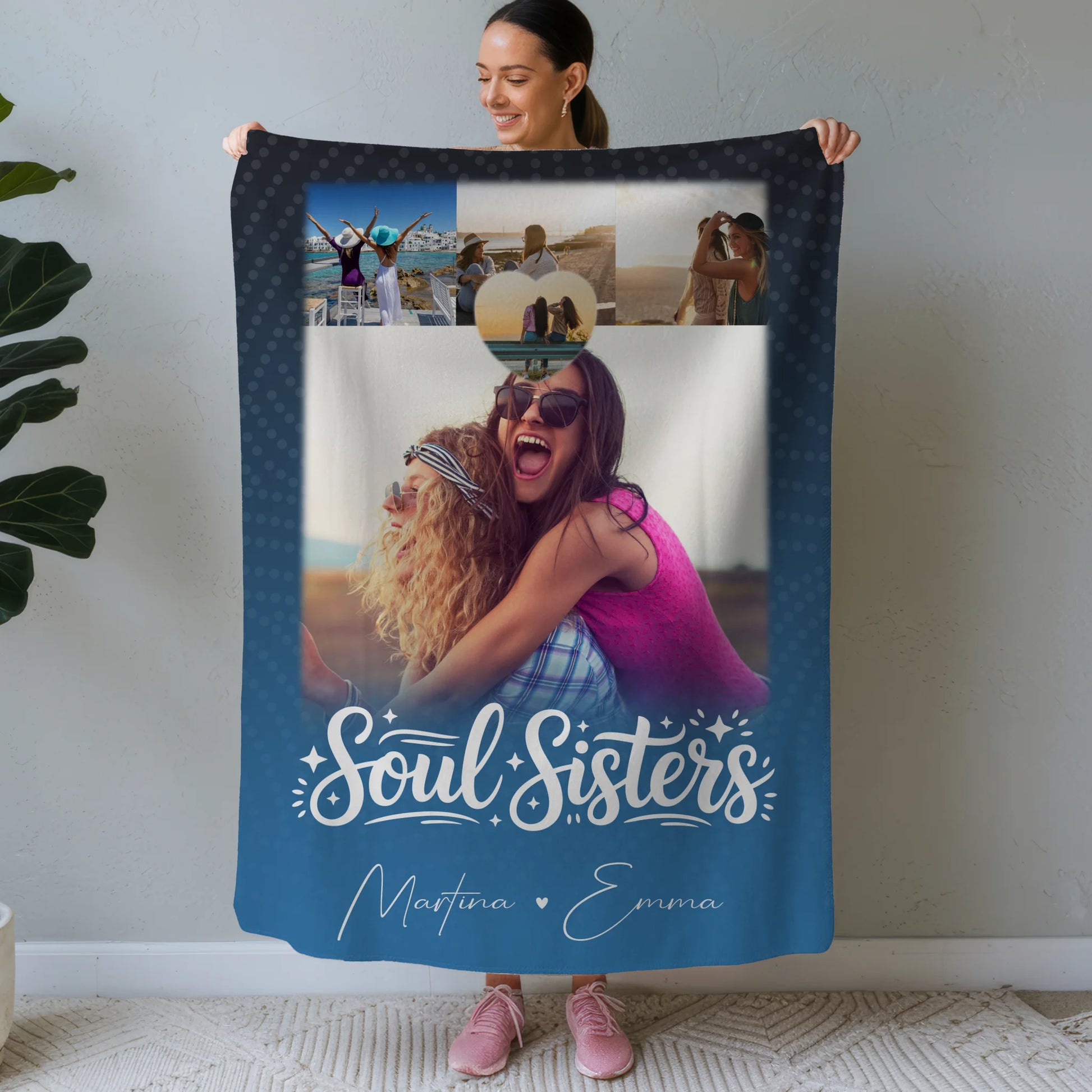 Personalisierte Decke beste Freundin mit 4 Fotos und Herz für Läster Schwester 1