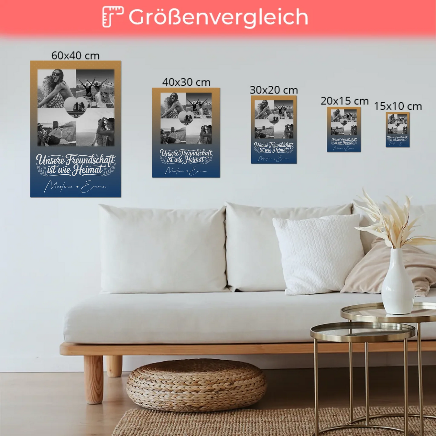 Freundinnen Bild Personalisiert Fotoboard mit 4 Fotos und Herz Motiv Buusenfreundin