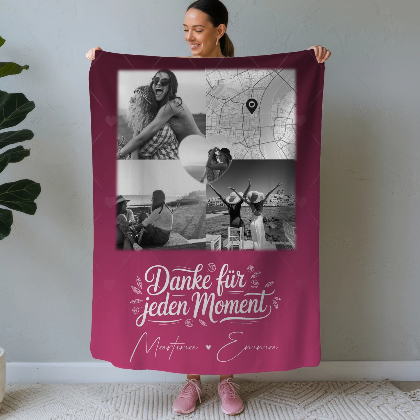 Personalisierte Namensdecke mit 3 Fotos Herz Foto und Karte für einzigartige Geschenke 1