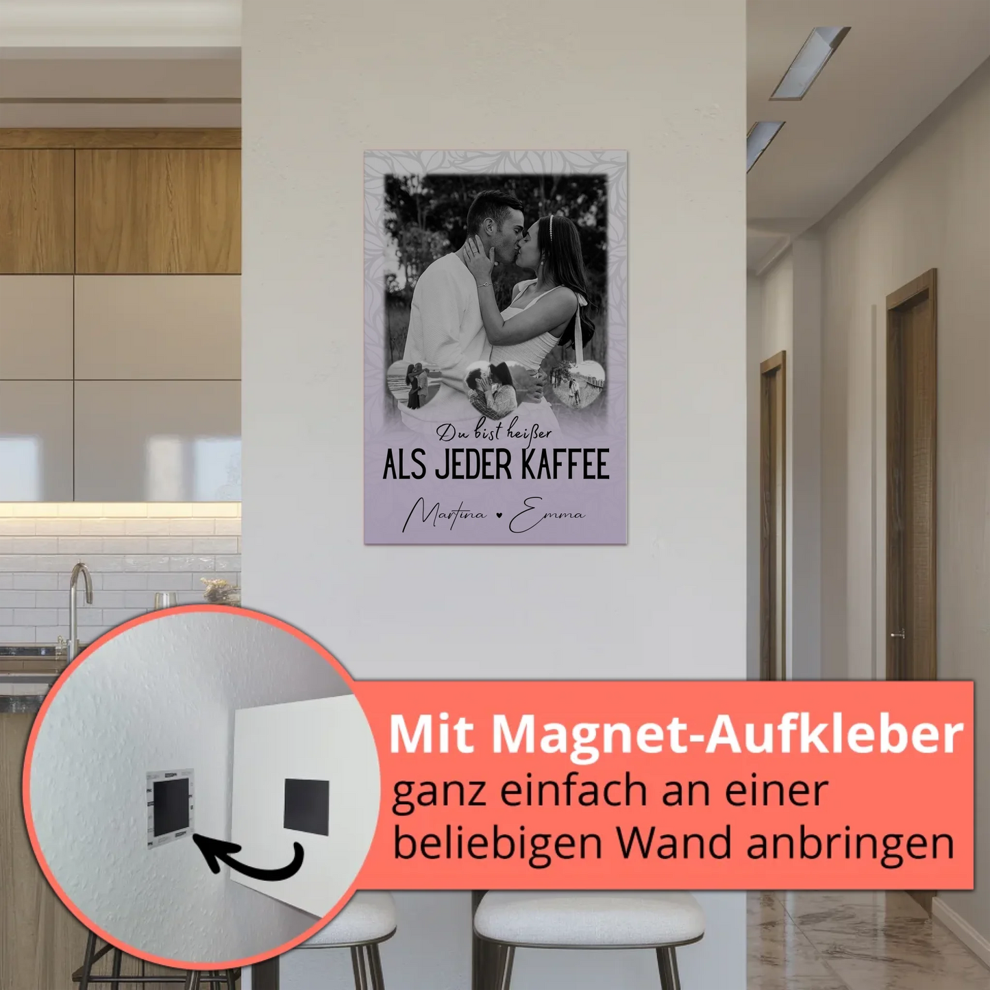 Fotoboard Magnet Wandbild mit 1 Foto und 3 Herz Fotos Du Bist Heißer Als Jeder Kaffee