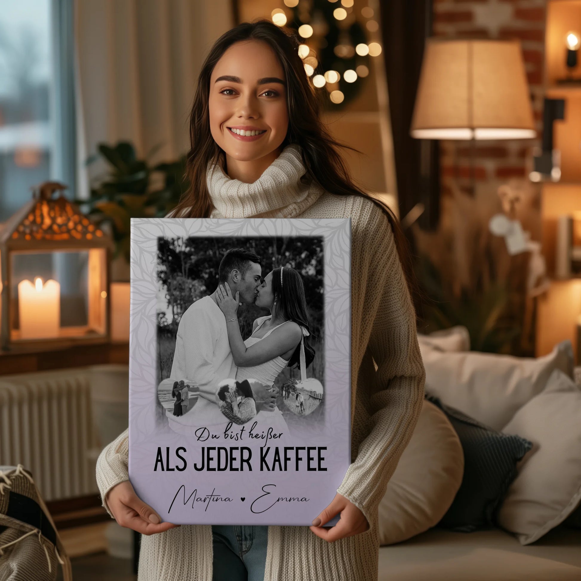 Paar Leinwand mit 1 Foto und 3 Kleine Herz Fotos Du Bist Heißer Als Jeder Kaffee 2