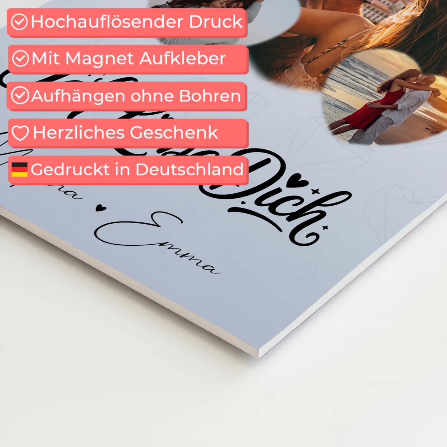 Personalisierte Fotoboard Magnet Wandbild mit 3 Herz Fotos Ich liebe Dich 10