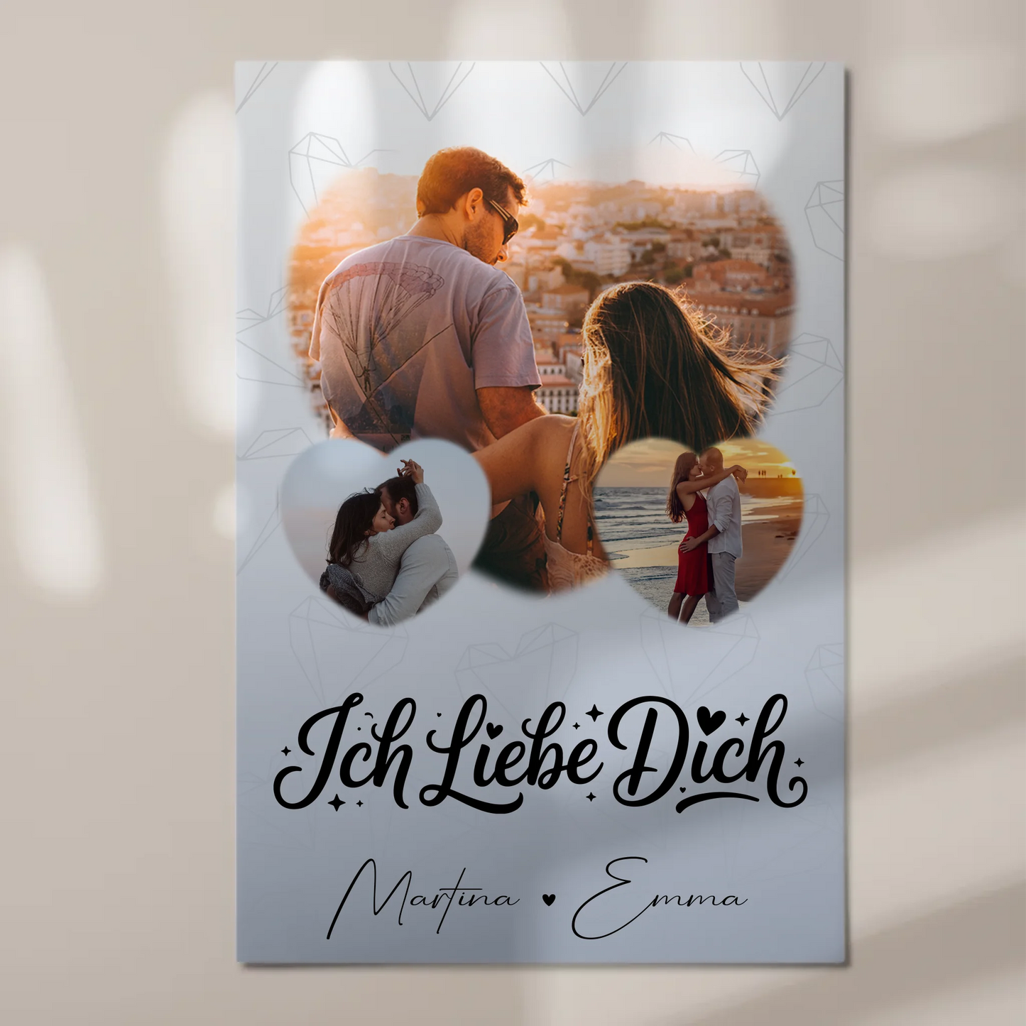 Personalisierte Fotoboard Magnet Wandbild mit 3 Herz Fotos Ich liebe Dich