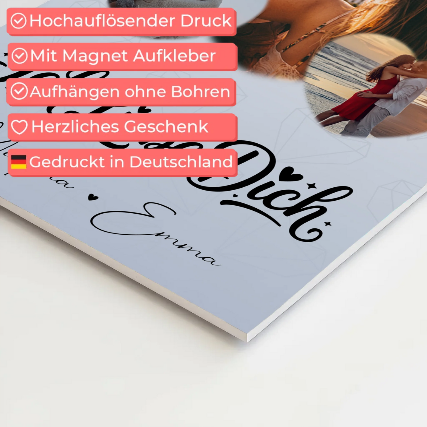 Personalisierte Fotoboard Magnet Wandbild mit 3 Herz Fotos Ich liebe Dich