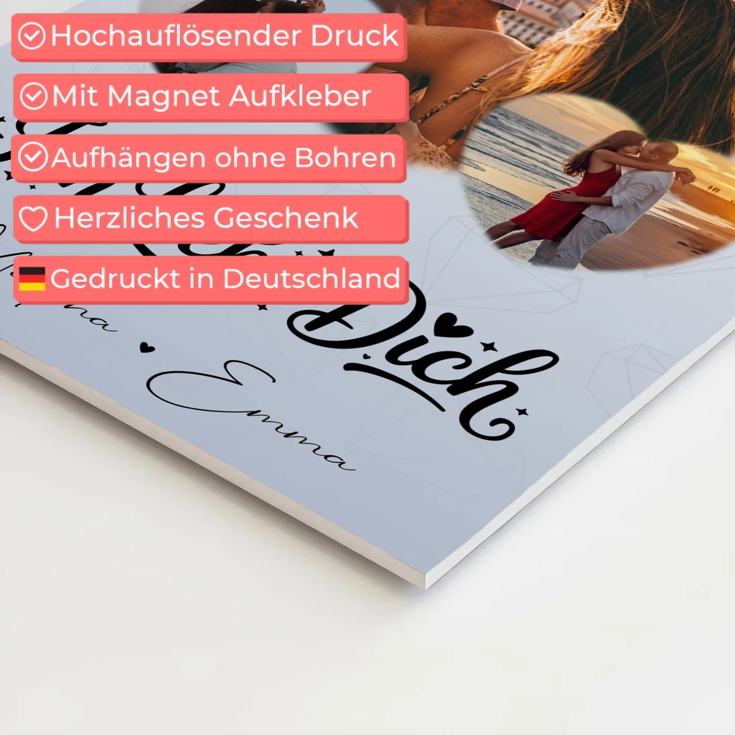 Personalisierte Fotoboard Magnet Wandbild mit 3 Herz Fotos Ich liebe Dich