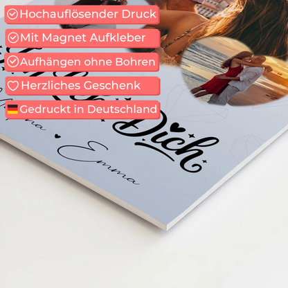 Personalisierte Fotoboard Magnet Wandbild mit 3 Herz Fotos Ich liebe Dich