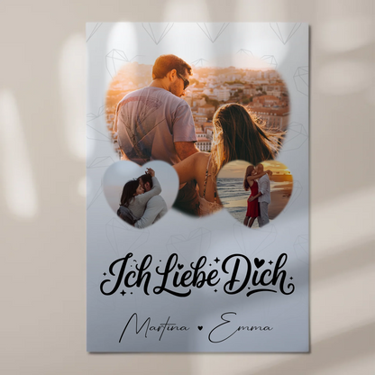 Personalisierte Fotoboard Magnet Wandbild mit 3 Herz Fotos Ich liebe Dich