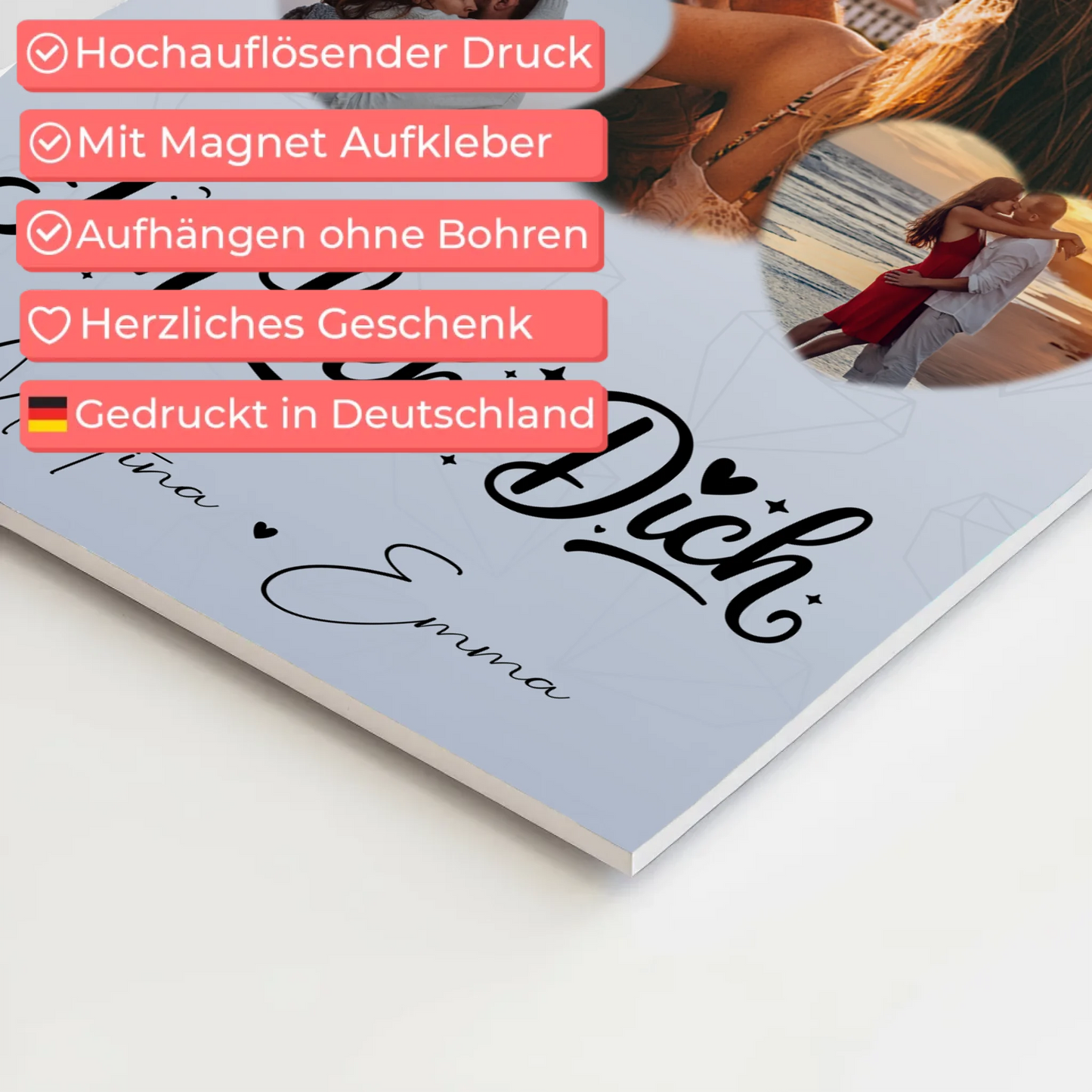 Personalisierte Fotoboard Magnet Wandbild mit 3 Herz Fotos Ich liebe Dich