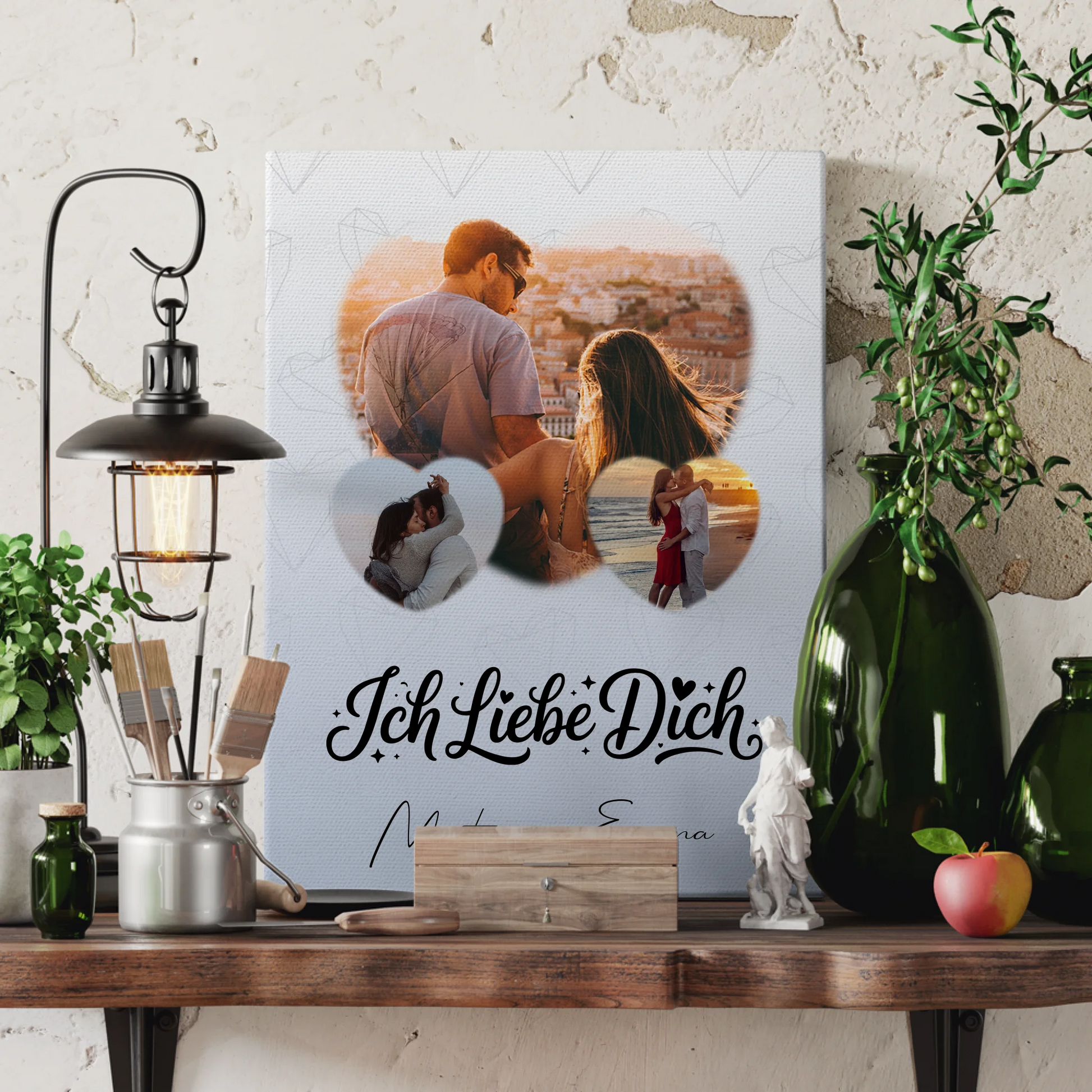 Personalisierte Paar Leinwand mit 3 Herz Fotos Ich liebe Dich Geschenk 3