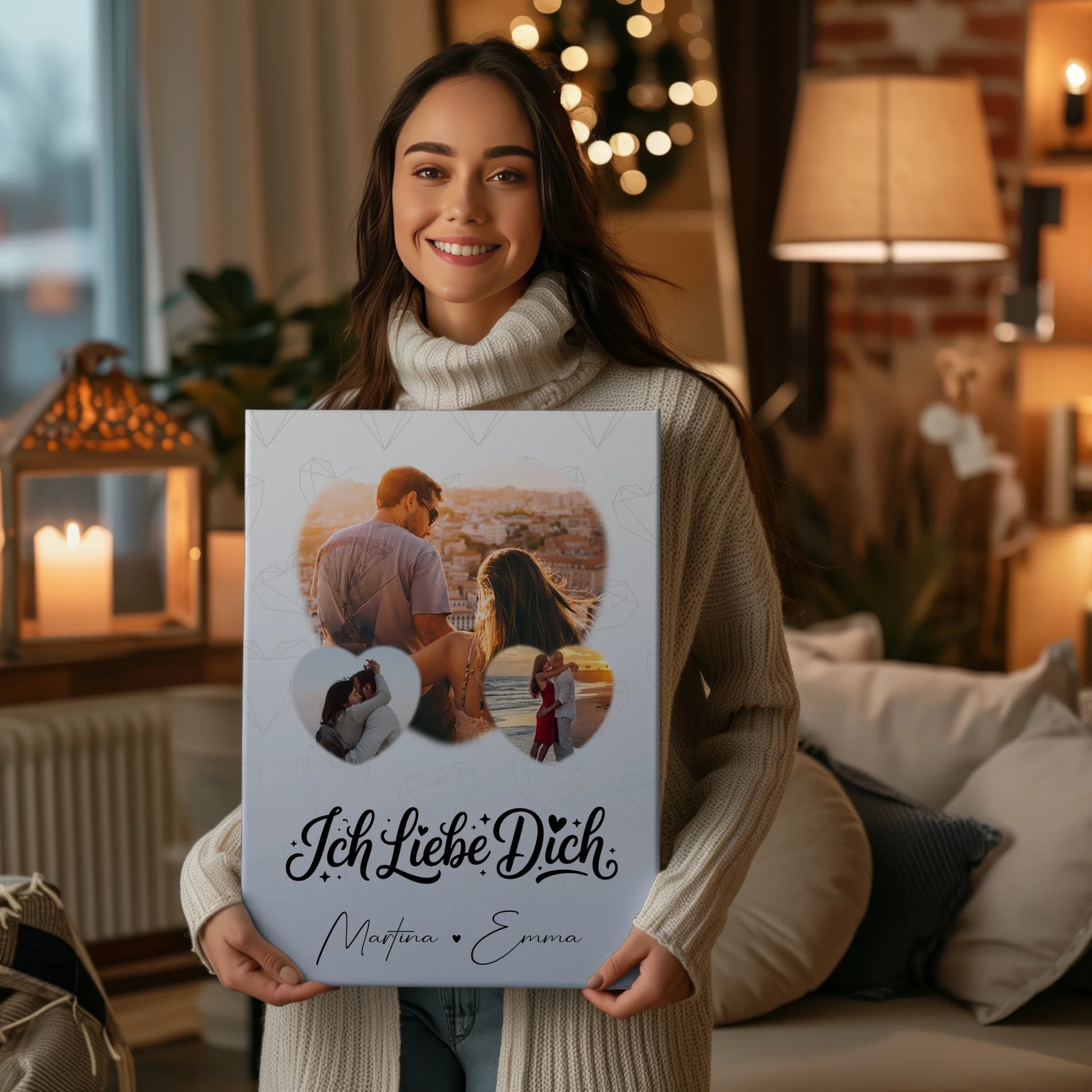 Personalisierte Paar Leinwand mit 3 Herz Fotos Ich liebe Dich Geschenk 2