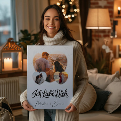 Personalisierte Paar Leinwand mit 3 Herz Fotos Ich liebe Dich Geschenk 2
