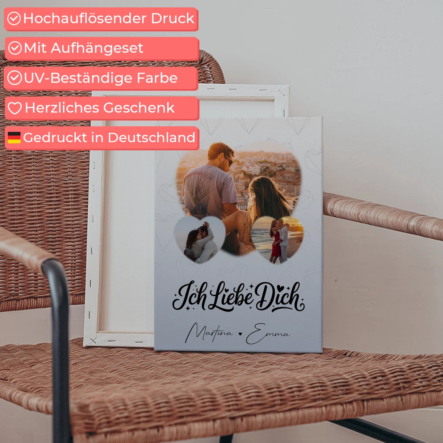 Personalisierte Paar Leinwand mit 3 Herz Fotos Ich liebe Dich Geschenk 5