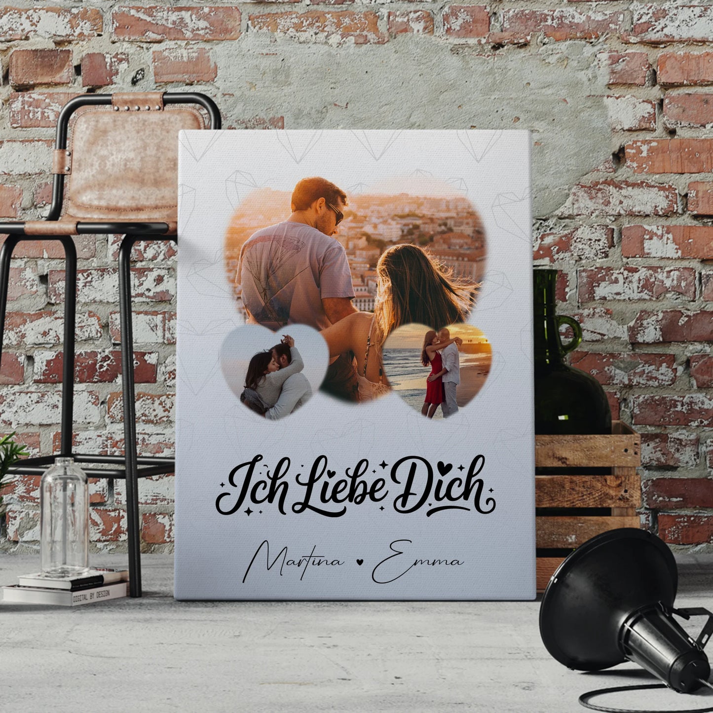 Personalisierte Paar Leinwand mit 3 Herz Fotos Ich liebe Dich Geschenk 4