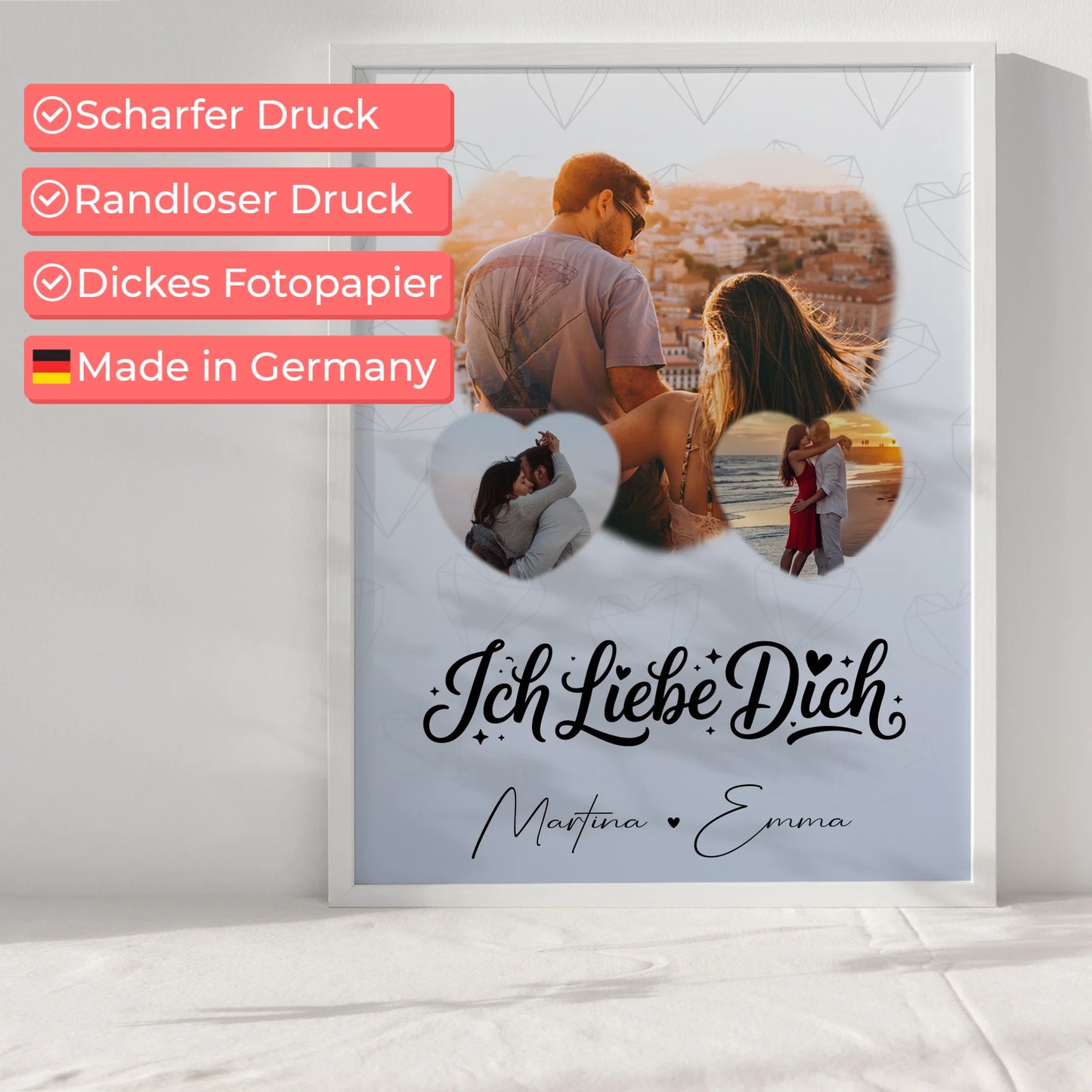 Poster Personalisiert Liebe mit 3 Herz Fotos Ich liebe Dich