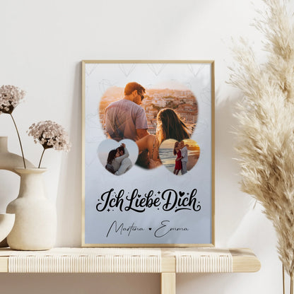 Poster Personalisiert Liebe mit 3 Herz Fotos Ich liebe Dich