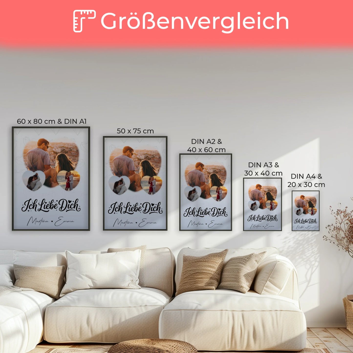 Poster Personalisiert Liebe mit 3 Herz Fotos Ich liebe Dich