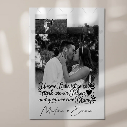 Personalisierte Fotoboard Magnet Wandbild mit 3 Fotos Stark wie ein Felsen und zart wie eine Blume 1