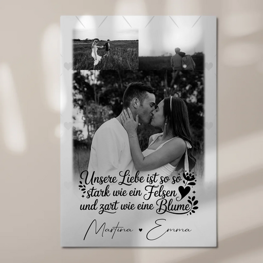 Personalisierte Fotoboard Magnet Wandbild mit 3 Fotos Stark wie ein Felsen und zart wie eine Blume 1